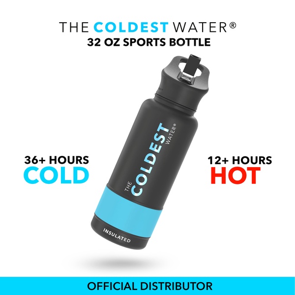 insulated water bottle, sports water bottle, stainless steel bottle, vacuum flask, hydration bottle, thermos bottle, brand awareness, product launch, minimalist, bold, trustworthy, black, blue, neutral